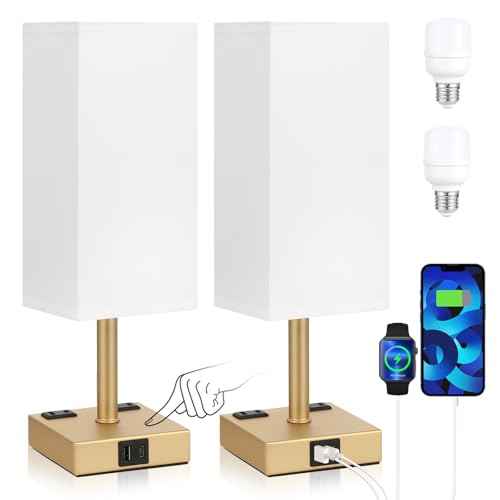aooshine Gold Base Touch Lamps Set of 2 - Nightstand Lamp with USB-C + A Charge Ports & AC Outlets, 3-Way Dimmable Bedside Lamp, Small Table Lamp Light for Bedroom (Bulb Included)