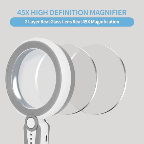 45X Magnifying Glass with Light, 4.6" Large Handheld Magnifier, 6 Color Modes, 1200mAh USB Rechargeable for Low Vision Seniors with Macular Degeneration, Reading, Jewelry, Coins - Grey