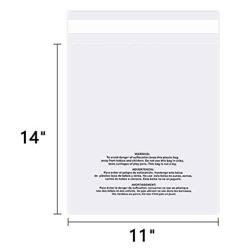 11" x 14" (100 Count) Self Seal Clear Poly Bags with Suffocation Warning for Packaging, Shipping, Clothing, Shirts & FBA - Resealable Adhesive
