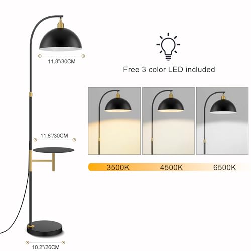 Floor Lamp with table Industrial Adjustable Height Arc Floor Reading Lamp with Shelves End Table Floor Lamp for Living Room Arc Black Standing Reading Lamp with Tray for Bedroom Office (Black White)