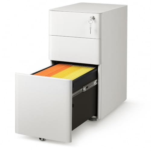 DEVAISE White 3-Drawer File Cabinet on Wheels, Fully Assembled, 11.8"W x 17.7"D x 23.2"H