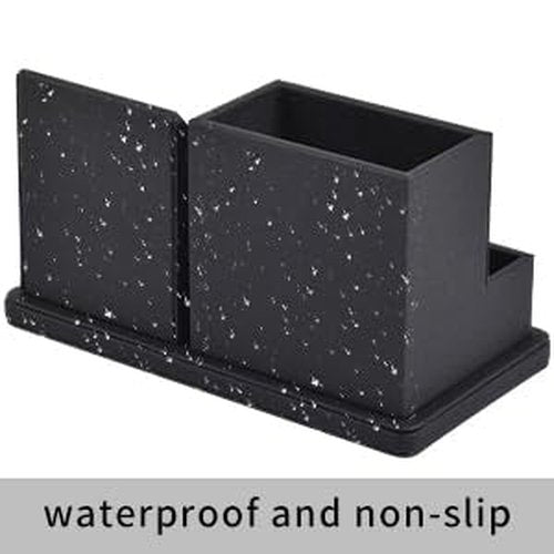 XNONE Pu Leather Desk Pen/Pencil Organizer Multi-Function Cell Phone/Remote Control Storage Box with 3 Compartments Office Supplies Sticky Note Tray Business Cards Holder,Black
