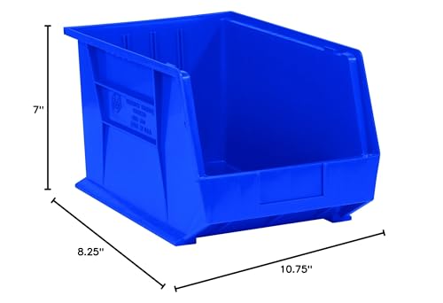 Aviditi Plastic Stack/Hang Storage Bin Containers, 10-3/4 x 8-1/4 x 7 Inches, Blue, Pack of 6, for Organizing Homes, Offices, Garages and Classrooms