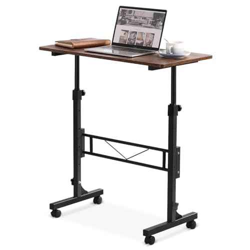 Small Standing Desk Adjustable Height, Mobile Stand Up Desk with Wheels, 32 Inch Portable Rolling Desks for Walking Pad Treadmill Wood Rustic