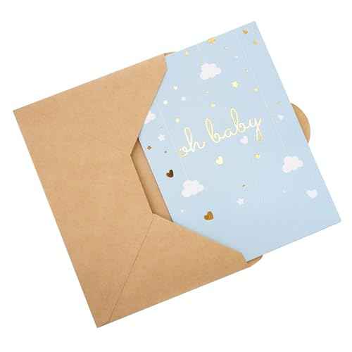 Baby Shower Card - Single Greeting Cards 5" x 7" with Kraft Envelope - Foil Printing "Oh Baby!" Congratulations Baby Shower for Newborn Baby- Blank Inside (Blue, Gold)