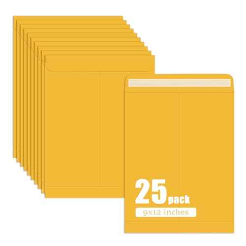 25 Pack Manilla Envelopes 9 x 12, Brown, Letter Size, Self-Seal Manila Large Envelopes for Office Business, Home, Organize, storage