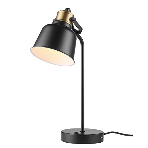 GLOBE Electric 30297 Dakota 18" Desk Lamp with 2.1 USB Port, Matte Black, Brass Accents, Push Button On/Off Switch