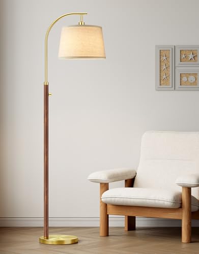 PARTPHONER Gold and Walnut Dimmable 65-Inch Mid-Century Modern Arc Floor Lamp with Linen Shade