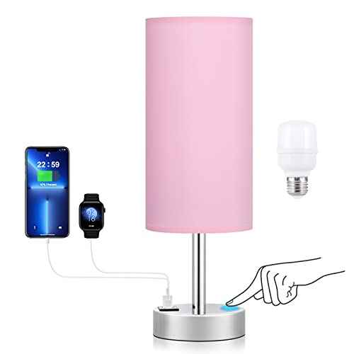 Dicoool Pink Touch Nightstand Lamps for Girl - Small Desk Bedside Lamp with USB-C and USB Charging Ports, 3 Way Dimmable Control Table Lamp for Living Room Office, Dorm, Reading
