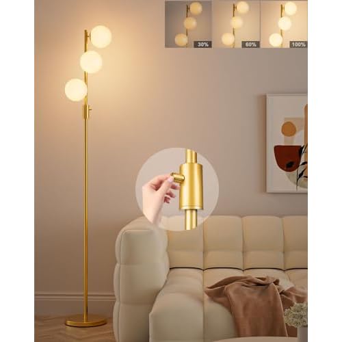 FAITHSAIL 3 Globe Mid Century Floor Lamp, Dimmable Modern Standing Lamp with PC Shade & 3pcs Warm White LED Bulbs, Gold Tall Tree Lamp for Living Room, Bedroom