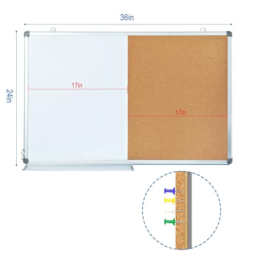 36x24 Inch Magnetic Whiteboard & Cork Bulletin Board Combo - Wall Mount Office Home School Organizer