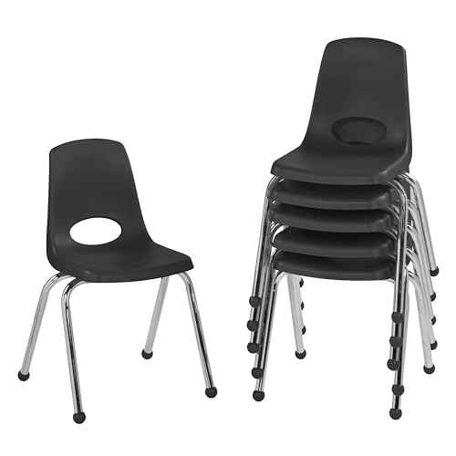FDP 16" School Stack Chair, Stacking Student Seat with Chromed Steel Legs and Ball Glides; For In-Home Learning or Classroom - Black (6-Pack), 10367-BK