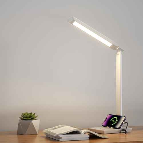 Desk Lamp with USB Charging Port, 14W 900LM Dimmable Eye-Caring Reading LED Desk Light for 9 Brightness Slide Touch & 5 Color Temperature Modes, Home Office Desktop Lamp, Small Study Lamp, White