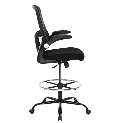 Luckyear Ergonomic Drafting Chair Tall Office Stool with Footrest, Mesh Back & Flip-Up Arms