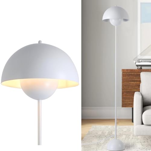 Modern Industrial Corner Floor Lamp for Bedroom, Living Room & Office - 63'' Tall Standing Metal Arched Shade White Lamp