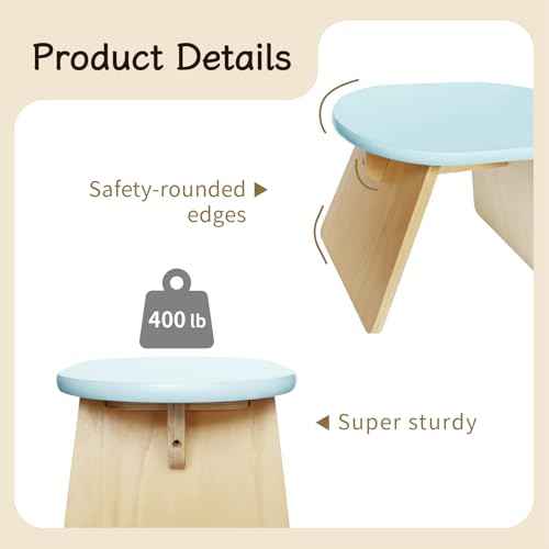 Step Stool, Solid Wood Chair, Pine Wood Construction, Rounded Edges, Minimalist Design (Light Blue)