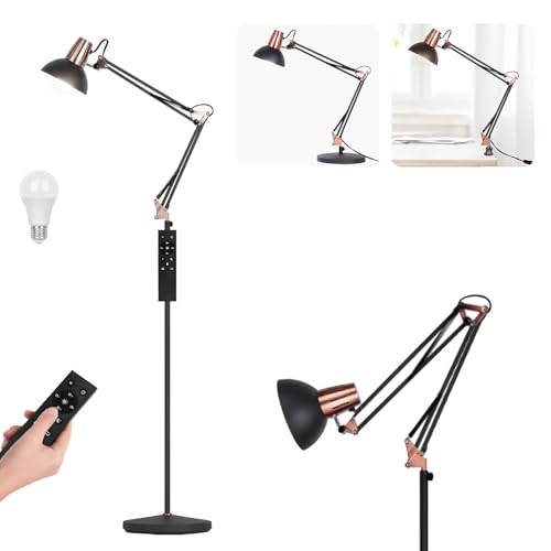 FIRVRE LED Floor Lamp with Remote Control, Dimmable Industrial Floor Light, 3 Usage Modes - Floors Lamp, Table Lamp and Clip Lamp,Pole Lamp for Living Room, Bedroom, Office (LED Bulb Included)