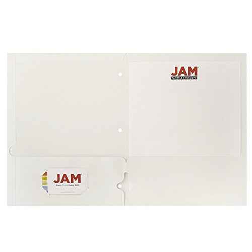 JAM PAPER Laminated Two Pocket Glossy 3 Hole Punch School Folders - Letter Size - High Gloss White - Bulk 25/Pack