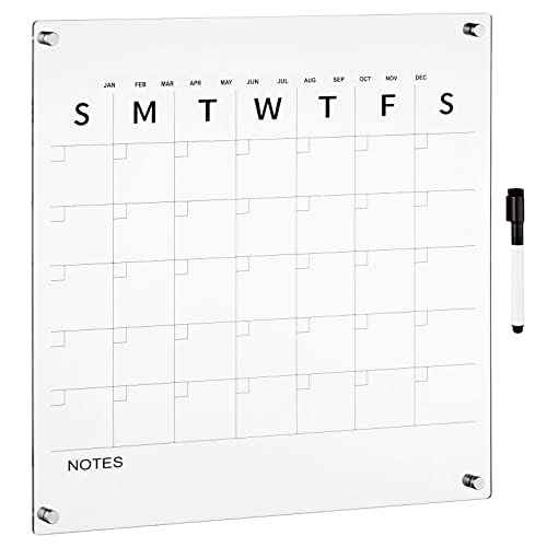 mDesign Modern Acrylic Calendar for Wall with Dry Erase Marker - Wall Mount Monthly Planner Board for Home, Office, Kitchen - 17.71" Square - Clear/Black Print with Chrome Finish Mounting Hardware