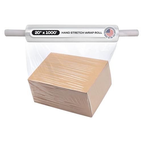 IDL Packaging 20" x 1000' Hand Stretch Wrap Roll of 80 Gauge with Extended Cardboard Handles (1 Roll) - Extra Sticky Clear Plastic Wrap Film - Pallet Wrap Stretch Film for Packing, Shipping & Moving