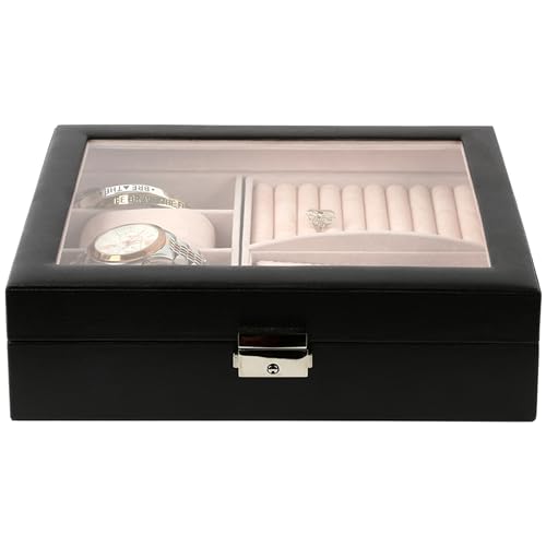 Natico Originals Multi-Compartment Jewelry Box Storage w/Glass Lid and Clasp Closure, Accessories Case for Watches Bracelets Rings Earrings Cufflinks (100-102403)