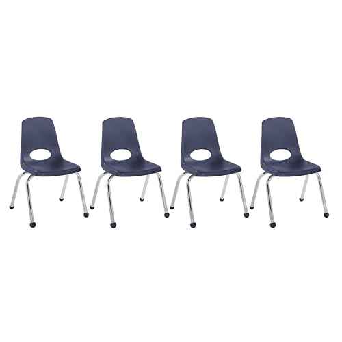 FDP 14" School Stack Chair, Stacking Student Seat with Chromed Steel Legs and Ball Glides; For In-Home Learning or Classroom - Navy (4-Pack), 10380-NV