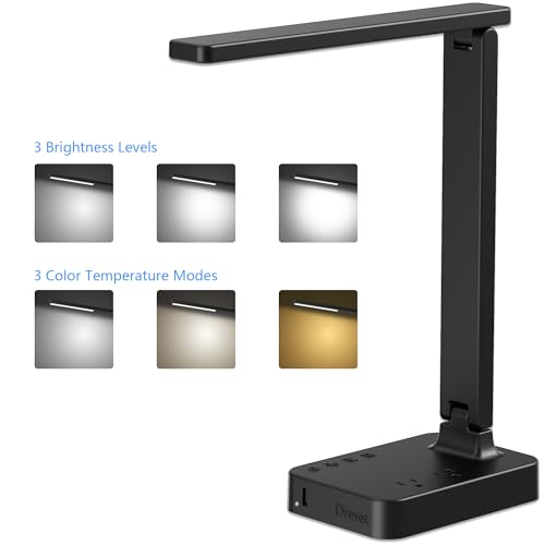 Drevet Black Classic LED Desk Lamp with USB & 2 AC Outlets, 3 Brightness Levels & Touch Control