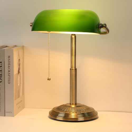 LINNMON Bankers Desk Lamp, Green Retro Lamp, Vintage Lamp with Pull Chain Switch for Home Office (Brass+Green)