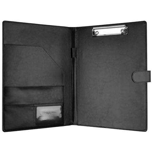 Black Faux Leather Padfolio with Clipboard & Organizer - Professional Portfolio Binder