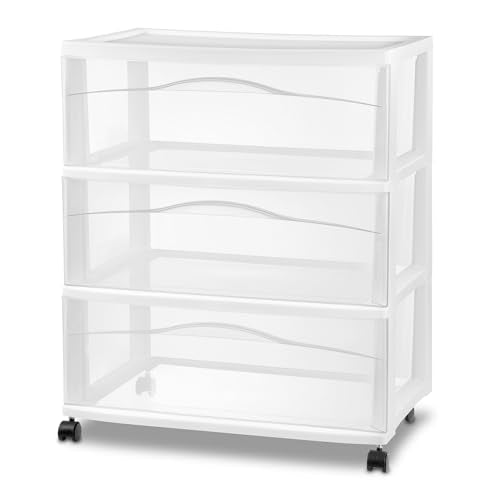 Sterilite Wide 3 Drawer Rolling Storage Cart - White, Plastic Organizer, 15.4x21.9x24.5 in