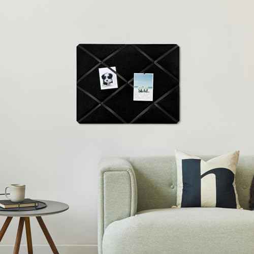 Black Fabric Memo Bulletin Board, 23.6x17.7 inches Velvet Pin Board for Wall, Vision Board Message Board Cork Board with Criss-Cross Ribbons for Home Office School Wall Decor(BK Velvet,4560)