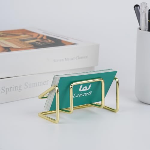 Leicraft Golden Business Card Holder for Desk, Metal Organizer, Large Capacity