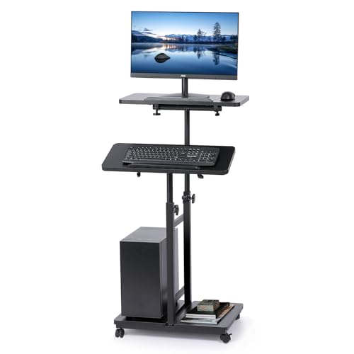 Hovadova Black Mobile Computer Cart with Tower Stand, 27.5"–47.2" Adjustable Height