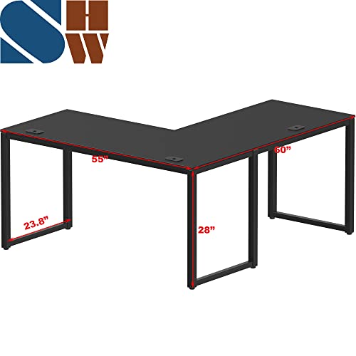 SHW 55-Inch Black L-Shaped Commercial Office Desk - 60" Version with Cable Grommets