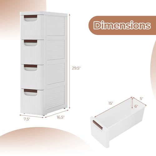 Giantex 4-Drawer Slim Rolling Storage Cart White 7.5 x 16.5 x 29.5 in - Narrow Plastic Dresser on Wheels