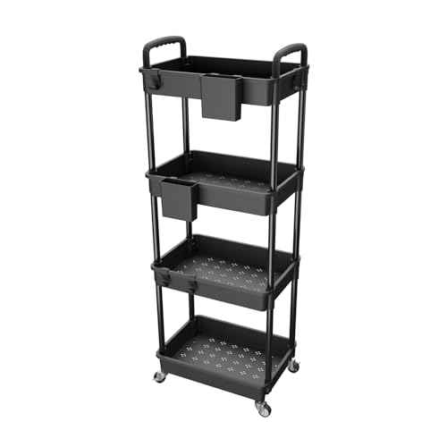 4 Tier Rolling Utility Cart with Handle,REBECAT Utility Cart Made of Multifunctional Storage Organizer Tool for Kitchen,Bathroom,Living Room,Office(Black)