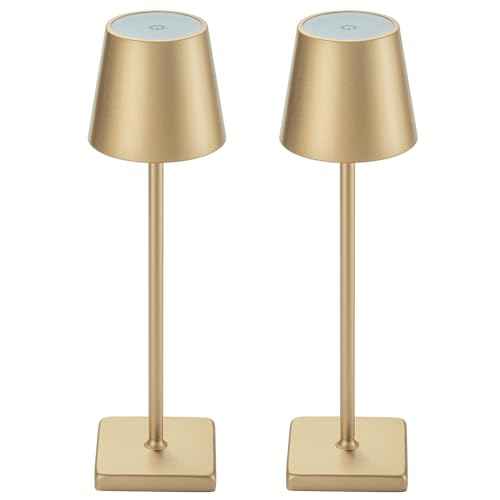 2 Pack Rechargeable Cordless Table Lamps, 5200mAh Battery Touch Table Light, Aluminum Shell Stepless Dimmable Portable LED Desk Lamp for Dinner/Restaurant/Outdoor Gold