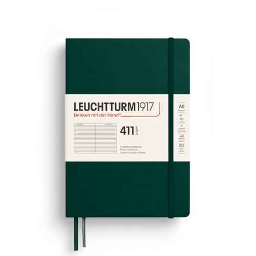 LEUCHTTURM1917 372929 Notebook 411 Medium (A5), Hardcover, 411 Numbered Pages, Forest Green, Lined, More Thoughts, More Ideas, More Memories, More Pages