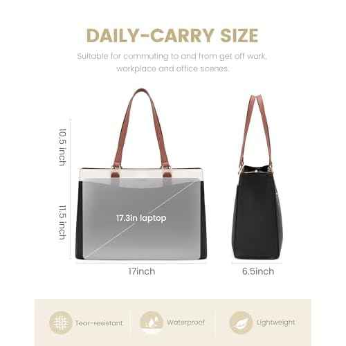 LOVEVOOK Laptop Tote Bag for Women, Work Bags Teacher Tote Bag, Waterproof Leather Computer Bag, Business Laptop Purse Office Handbag Professional Briefcase, 17 Inch, Black-Beige-Brown