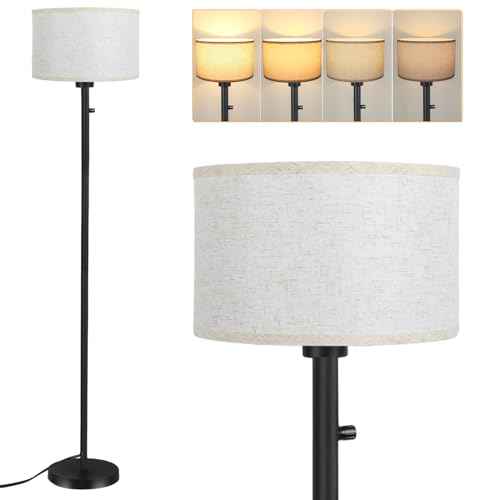Floor Lamps for Living Room, Stepless Dimmable Standing Lamp, Modern Floor Lamp with Rotary Switch, Beige Linen Shade, 9W Led Bulb Included(1000LM,2700K), Tall Lamp for Bedroom, Office, Farmhouse