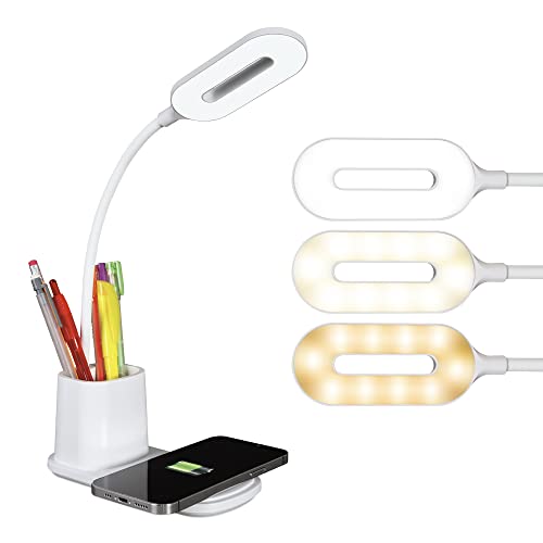 Ottlite Organizer LED Desk Lamp with Wireless Charging - 3 Color Temperatures, Dimmable with Touch Activated Controls, Flexible Neck - Includes Storage Area for Desk Supplies