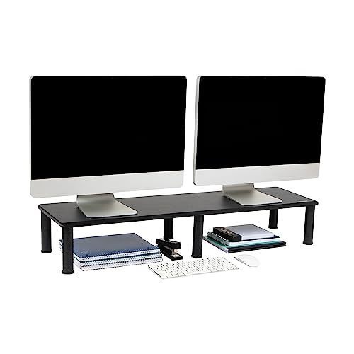 Mind Reader Dual Monitor Stand, Height Adjustable, Desktop Organizer, Laptop Riser, Office, 38.5" L x 11" W x 2.55-6.5" H, Black