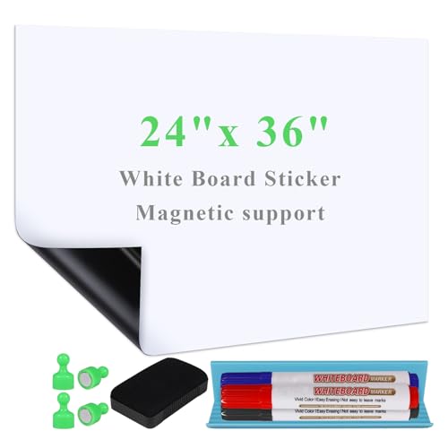 White Board Sticker Adhesive Backing, 24" x 36" Magnetic Dry Erase Board Contact Paper Stick on Wall, Whiteboard Sheet for Teacher Kids Classroom, Include Markers, Eraser with Magnet