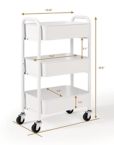 SunnyPoint 3-Tier Compact Rolling Metal Storage Cart WHT 15.35" x 10.24" x 26.8" Under Desk Organizer