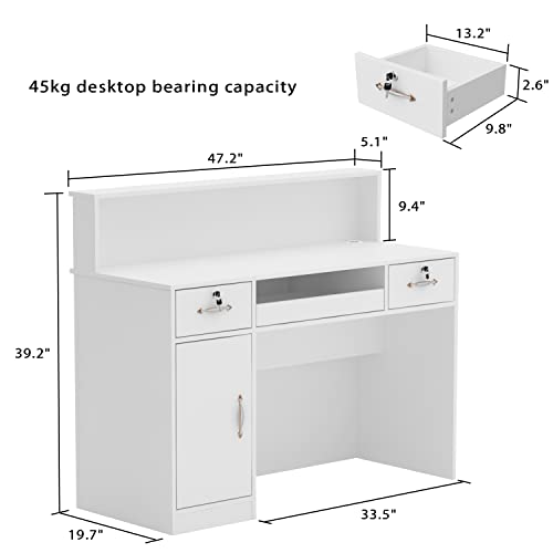 Reception Desk with Lighted Display Shelf, Lockable Drawers - 47.2" White