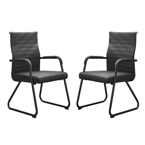 Okeysen Black Leather Office Guest Chairs (Set of 2) Modern Sled-Base, 300lb Capacity