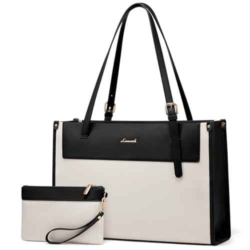 LOVEVOOK Laptop Tote Bag For Women 17.3 Inch Stylish Leather Work Tote Bag Purse Large Capacity And Waterproof Computer Briefcase For Business Office Travel, White-Black