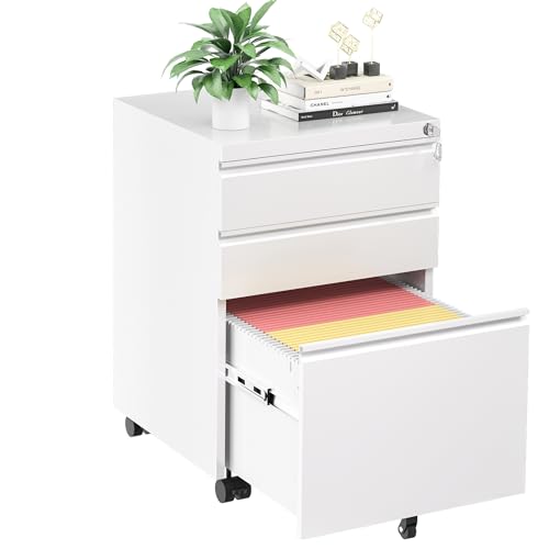 INTERGREAT White 3-Drawer Mobile Filing Cabinet with Lock (Assembled) – Under-Desk Metal File Cabinet on Wheels, 23.8" H