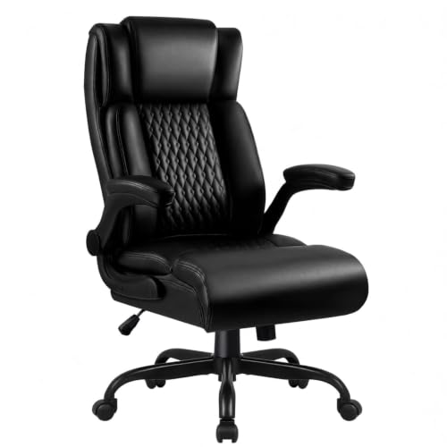 VENDORZ Big & Tall 400 Lb Ergonomic Office Chair with Flip-Up Armrests, Lumbar Support, PU Leather, Black