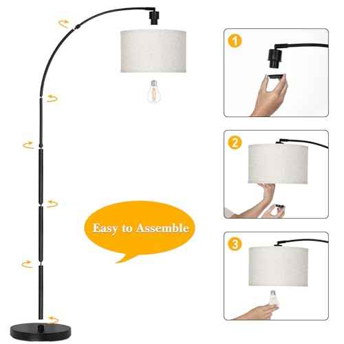 Black Arc Floor Lamps for Living Room,Modern Standing Lamp with Adjustable Drum Lampshade Tall Pole Lamp with Foot Switch Over Couch Arched Floor Light for Reading Bedroom 8W LED Bulb Included